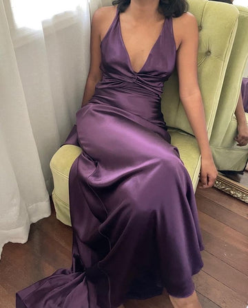 A-Line V Neckline Grape Satin Long Prom Dresses Formal Evening Dress SD1389 HZ0628
